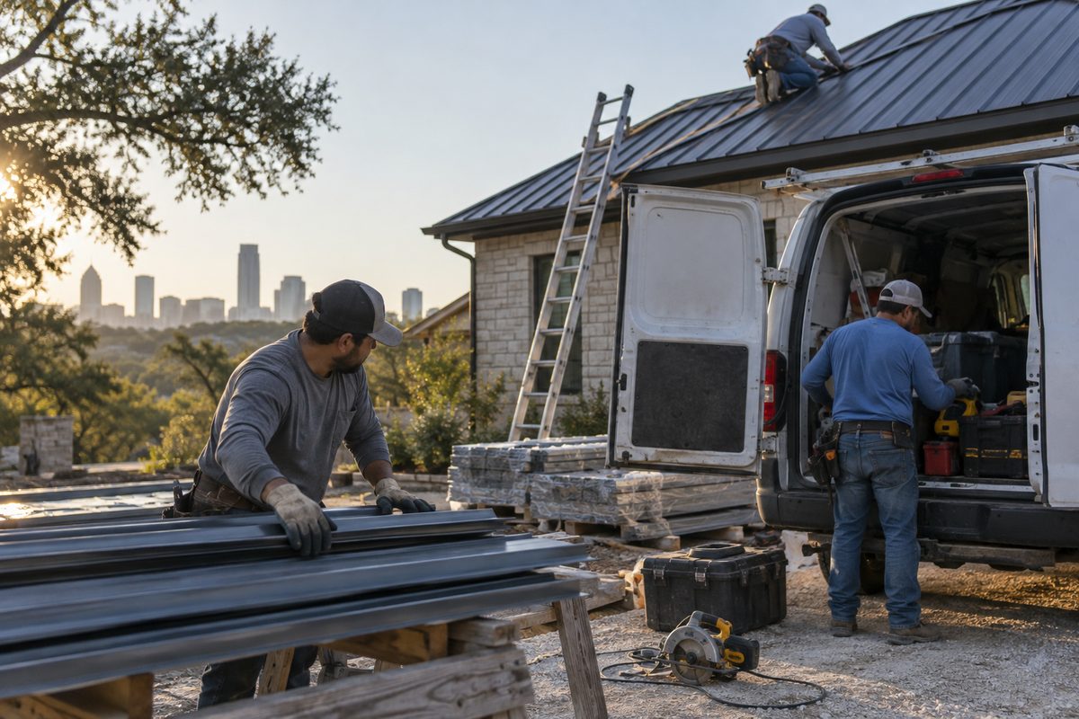 A roofing crew and work van beside an active residential job